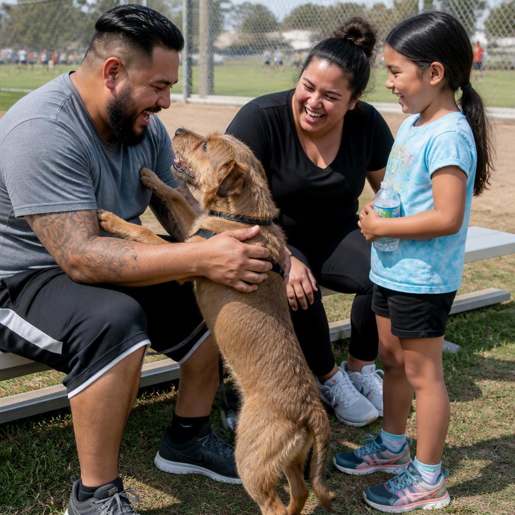 Hispanic family laughing with a scruffy terrier mix rescue dog at a kickball game