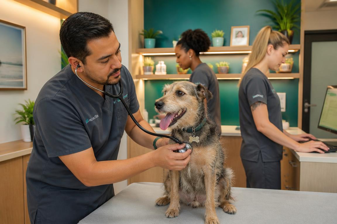 Hispanic veterinarian listening to a terrier mix dog's heart while support staff assist