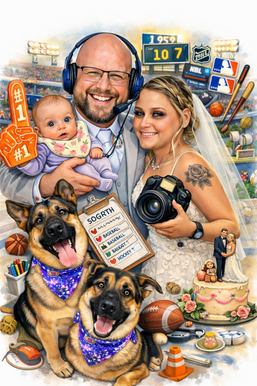 Illustrated portrait of Andrew's family with their German shepherds surrounded by sports imagery