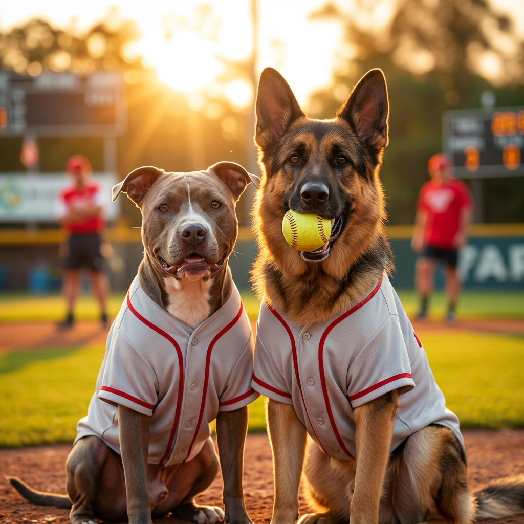 A German shepherd and a pit bull in team jerseys on a sunlit baseball diamond