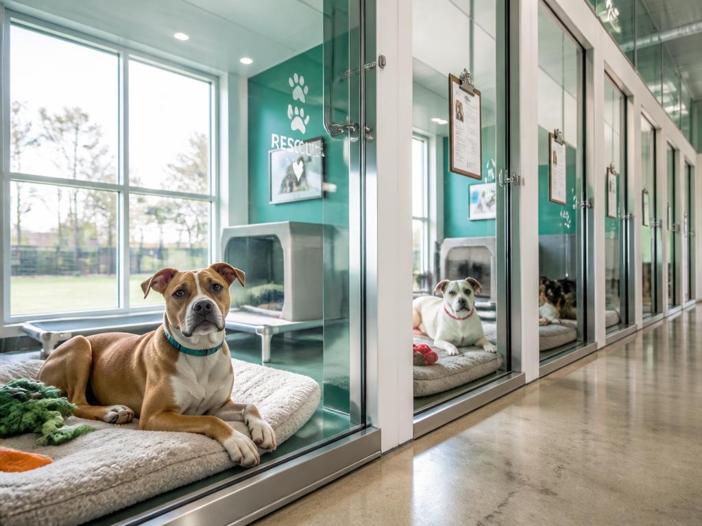 Pit bull mixes and terrier mixes resting comfortably in bright, state-of-the-art shelter kennels