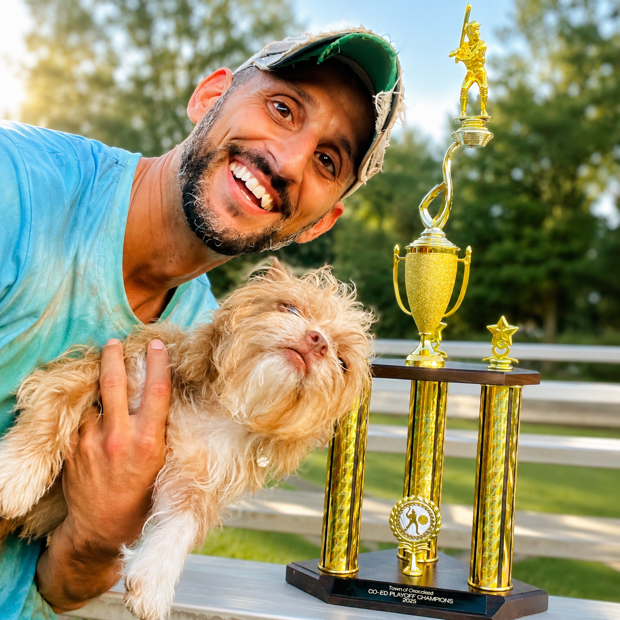 Joseph holding his terrier beside a co-ed playoff championship trophy