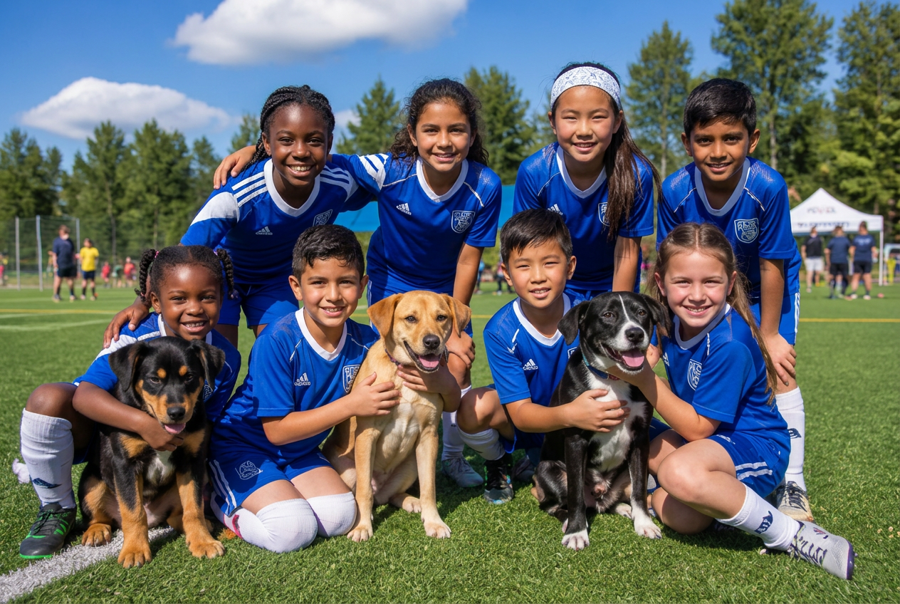 Diverse youth soccer team of Black, Hispanic, Asian and white kids posing with shelter puppies on the pitch