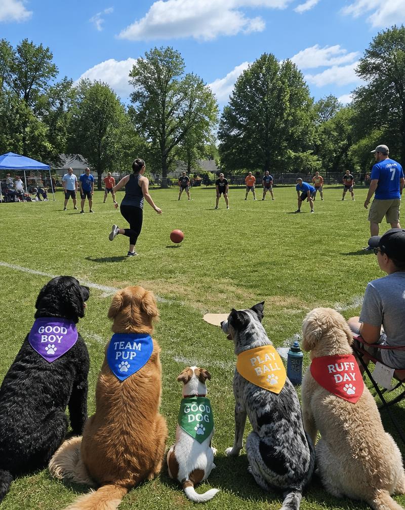 Community kickball game with dogs wearing colorful bandanas on the sidelines