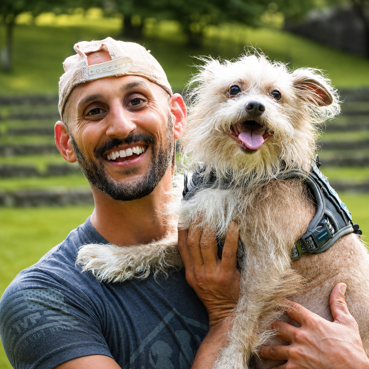 Joseph smiling in a park while holding his scruffy cream terrier