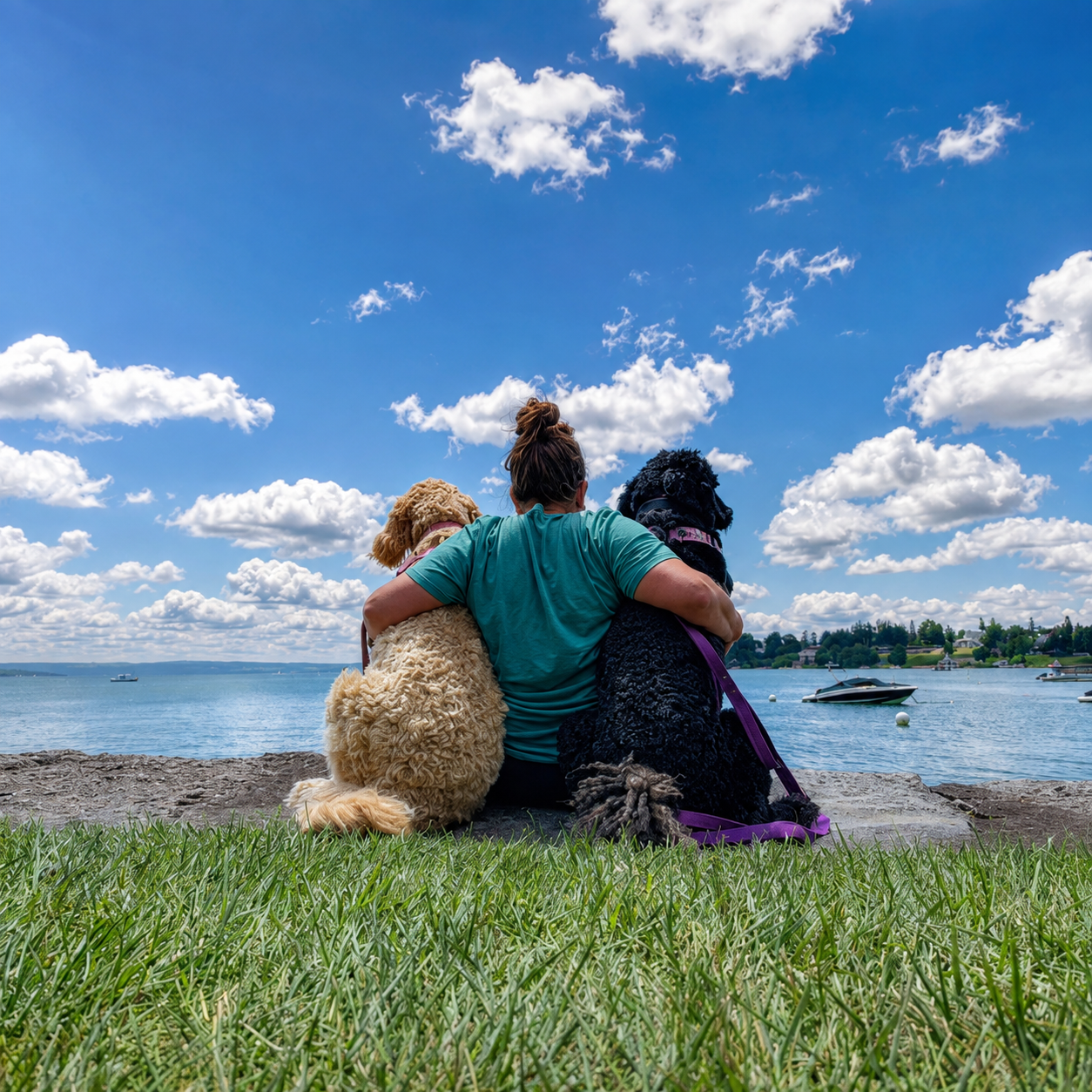 Jami sitting on the shoreline with her arms around her two dogs, looking out over the lake