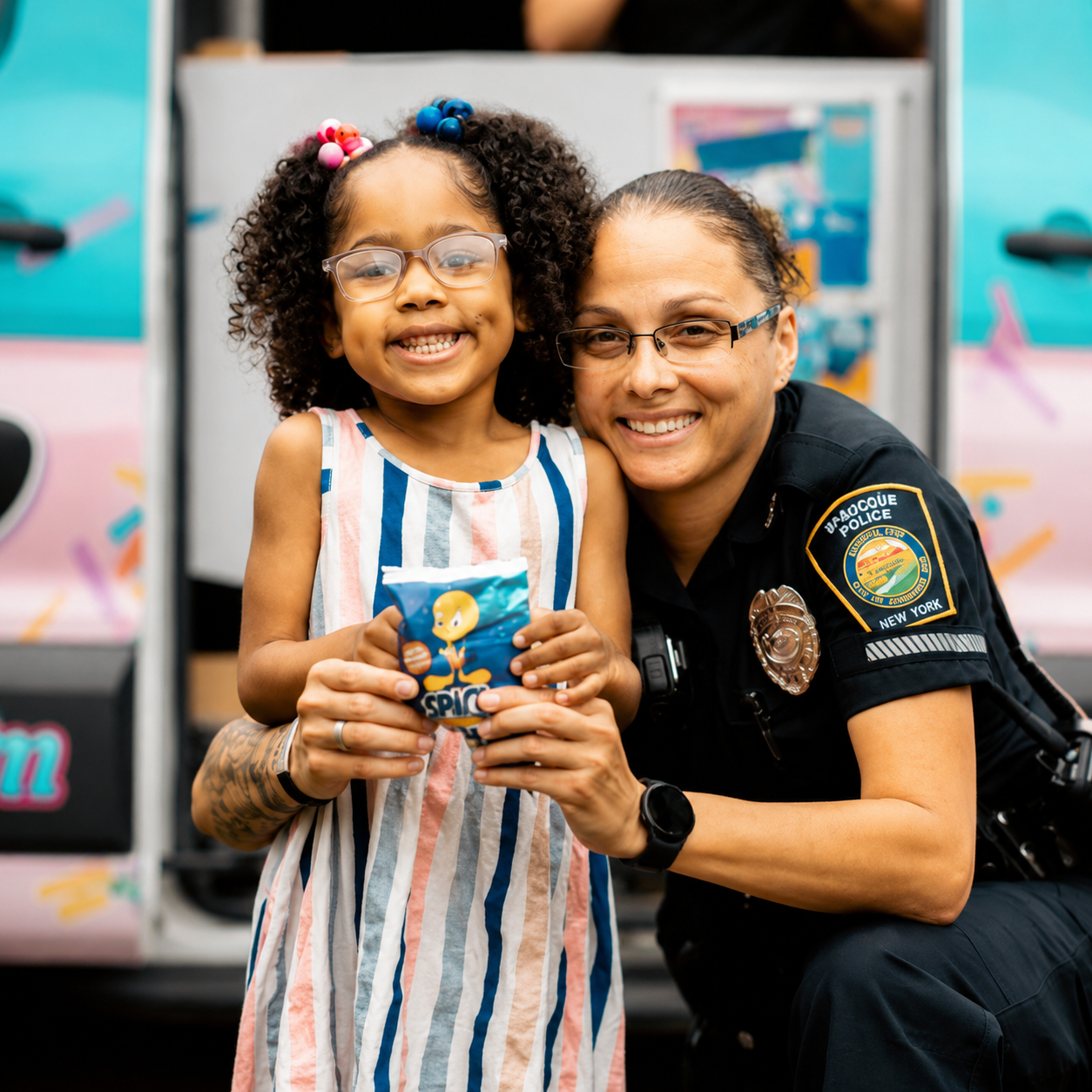 Officer Marlena Jackson kneeling with a smiling young girl at a community ice cream truck event