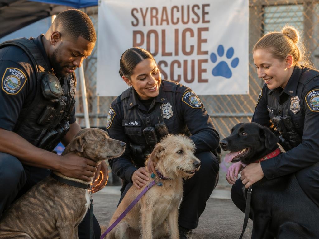 Diverse Syracuse Police Department officers comforting rescued dogs including a pit bull mix and a terrier mix