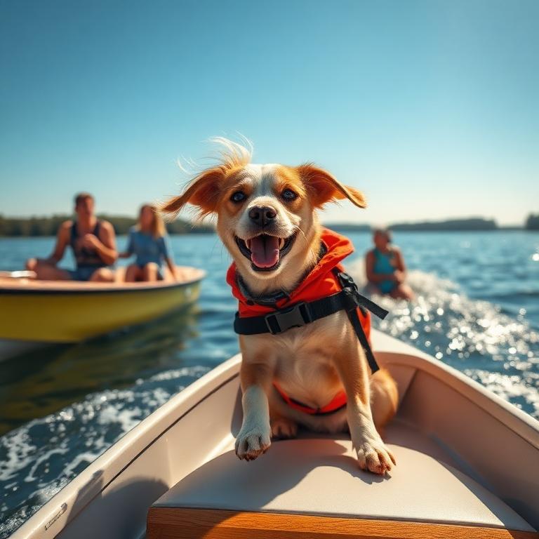 Dog in a life vest riding the bow of a boat on a sunny lake
