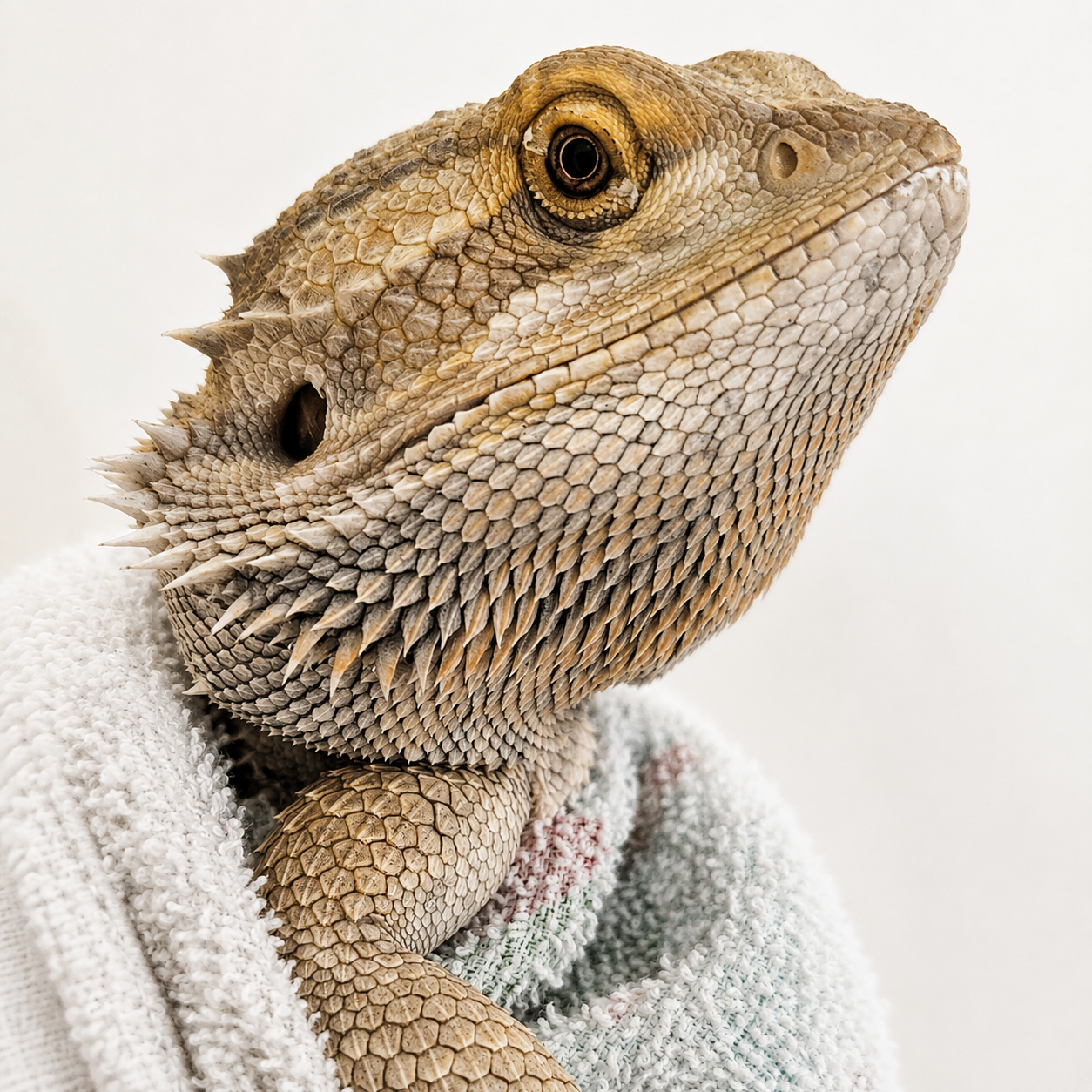 Close-up of Marlena's bearded dragon wrapped in a soft towel