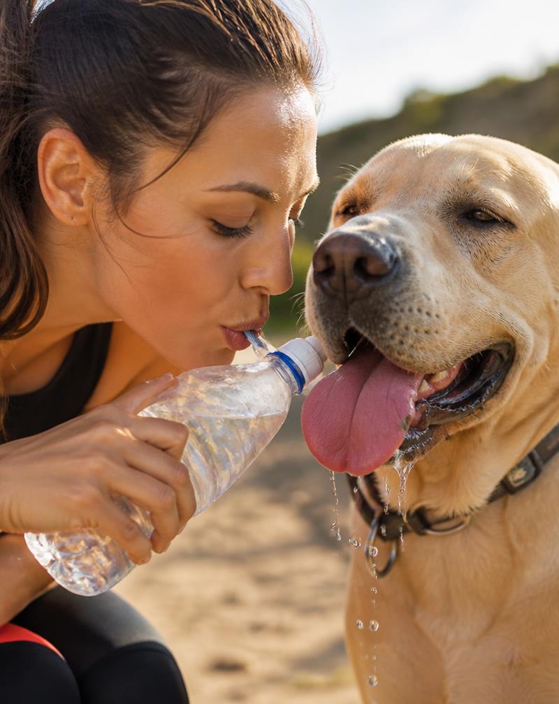 Person and large dog sharing a water break after a workout