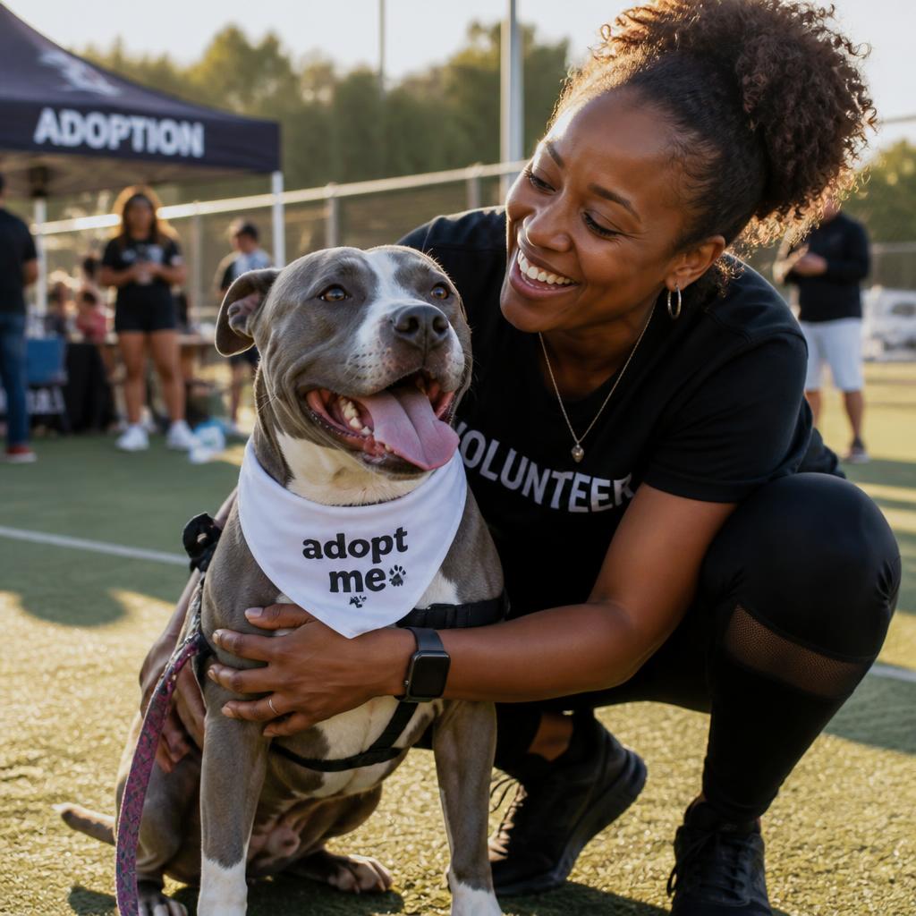 Smiling volunteer in a black shirt kneeling beside a pit bull wearing an adopt me bandana