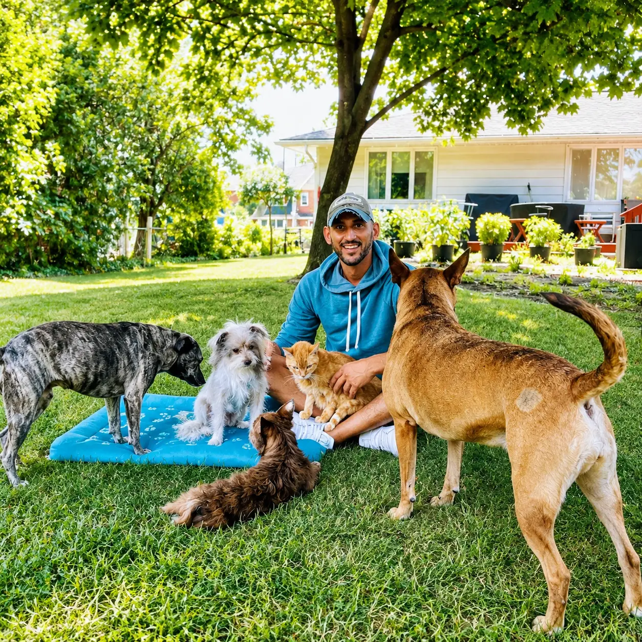 Joseph sitting in the backyard with his pack of rescue dogs and cats