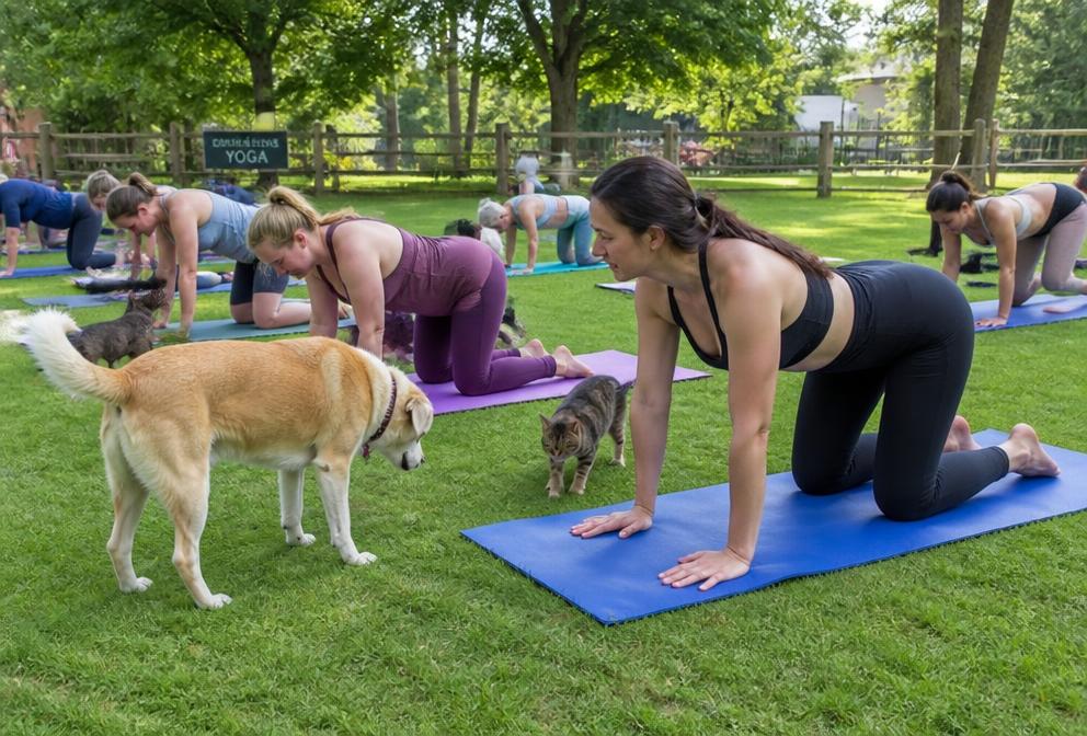 Outdoor yoga class with dogs and cats roaming between mats