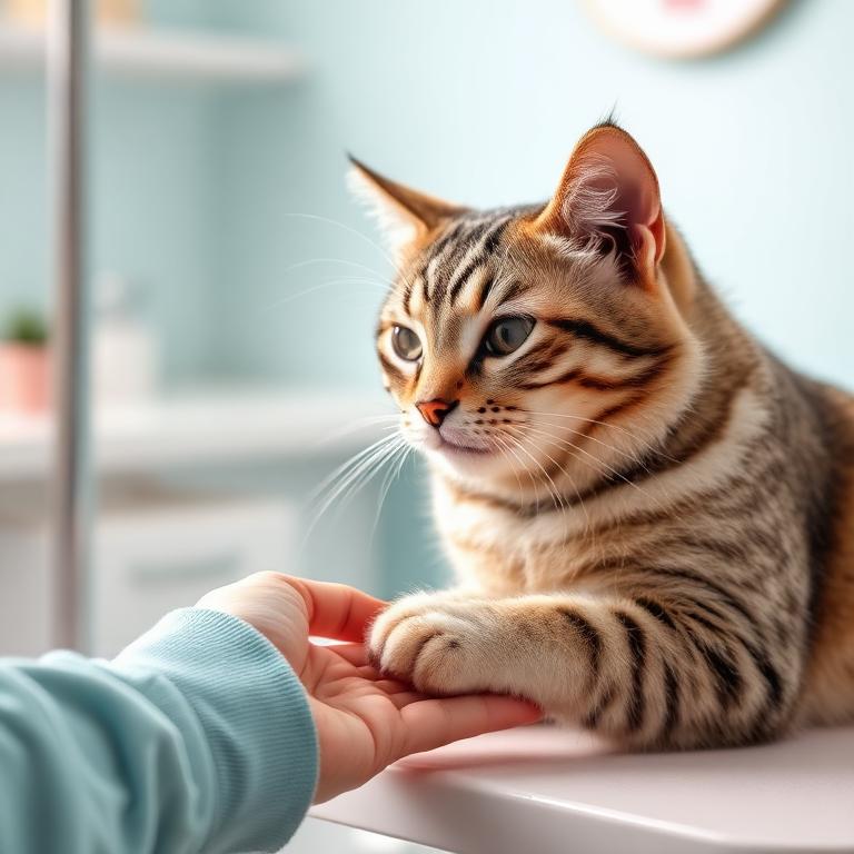 Tabby cat getting a gentle nail trim at a pet salon