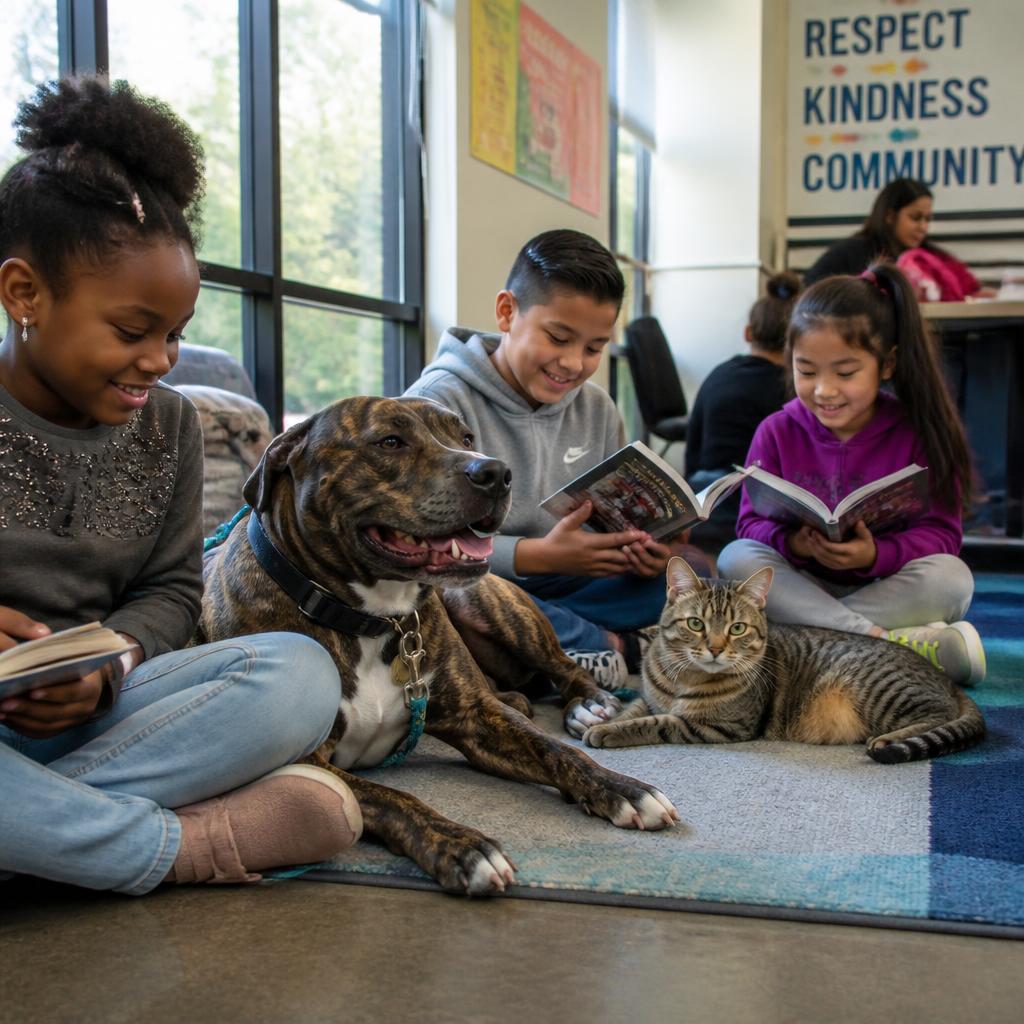 Black, Hispanic and Asian children reading beside a brindle pit bull and a tabby cat