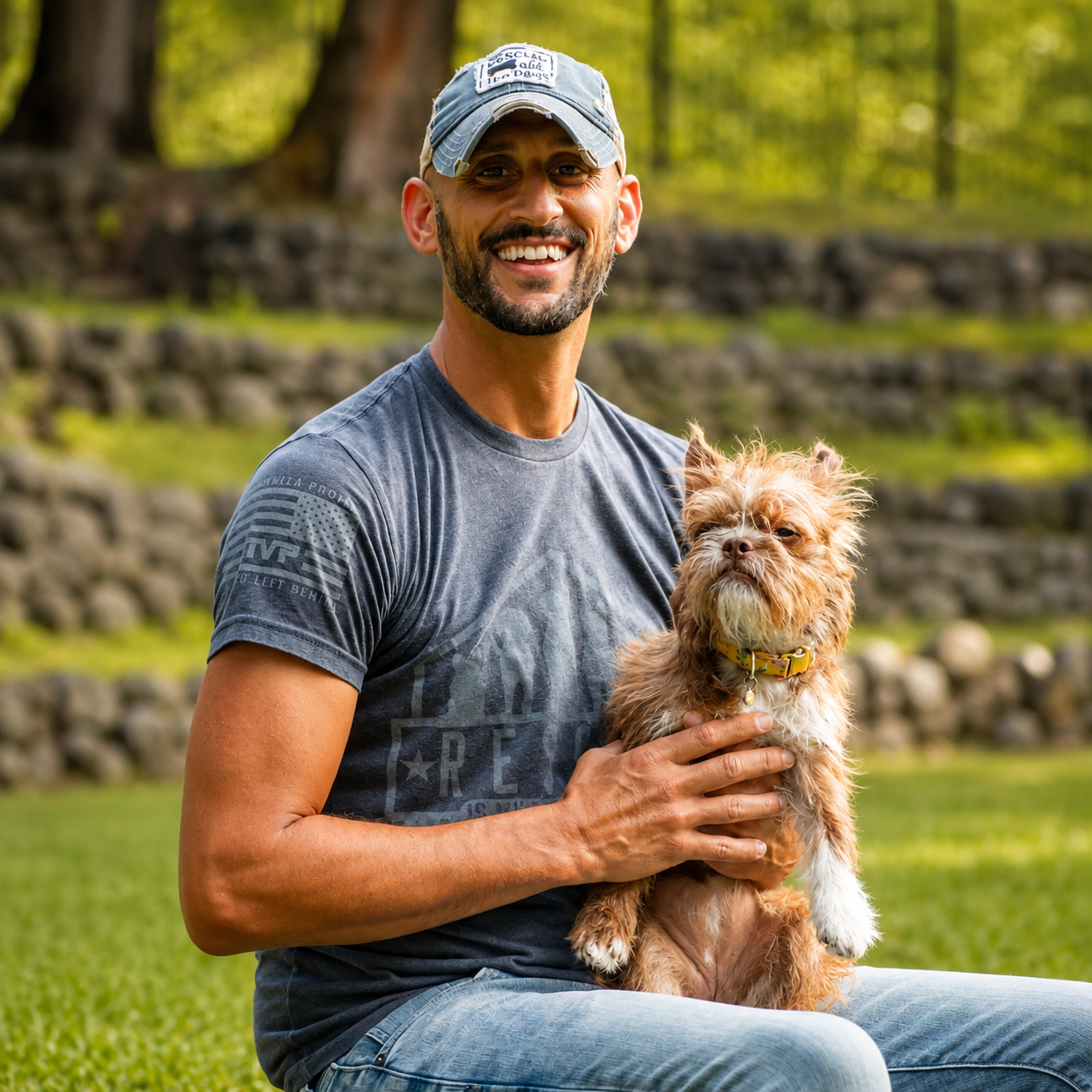 Joseph in a ball cap sitting in a park holding his small scruffy rescue terrier