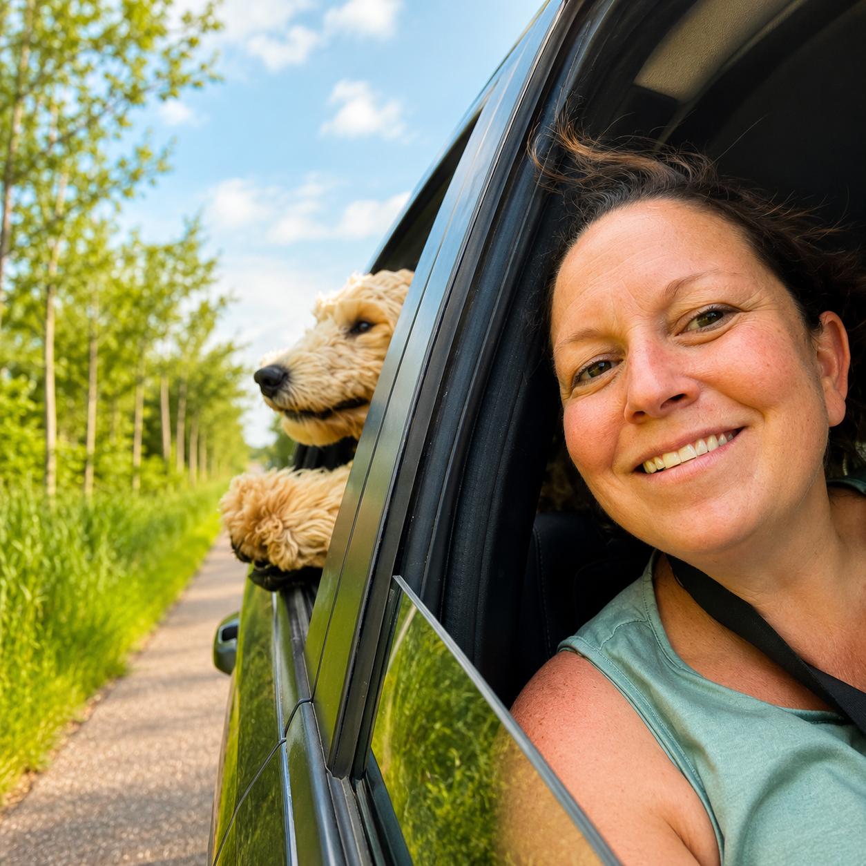 Jami smiling in the car with her cream doodle hanging out the back window on a country road