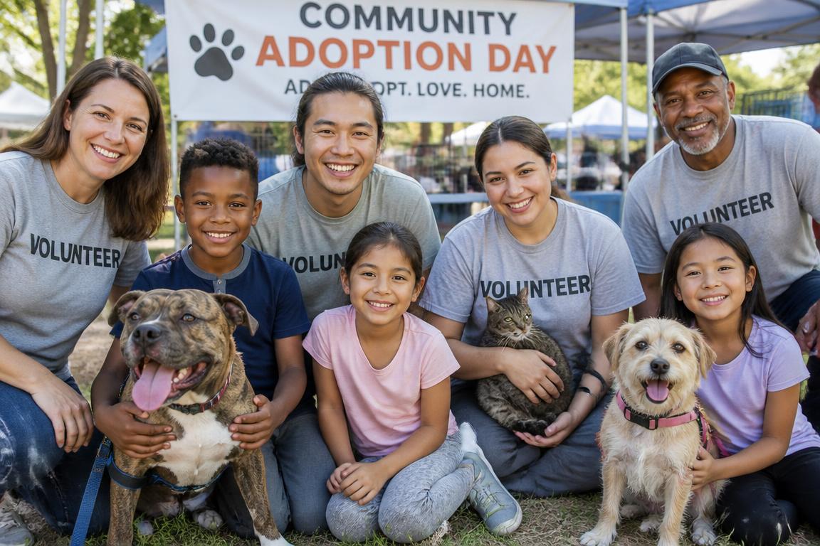 Multicultural volunteers and kids together at a community adoption day with a brindle pit bull, a terrier mix and a tabby cat
