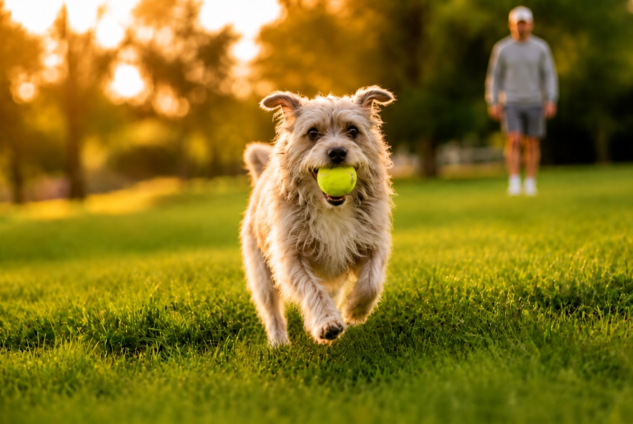A scraggly grey and white shelter dog running with a tennis ball on a sunny green lawn