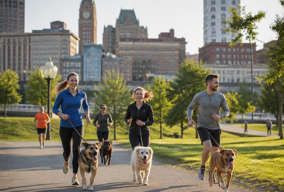 Runners with leashed dogs through a Syracuse city park