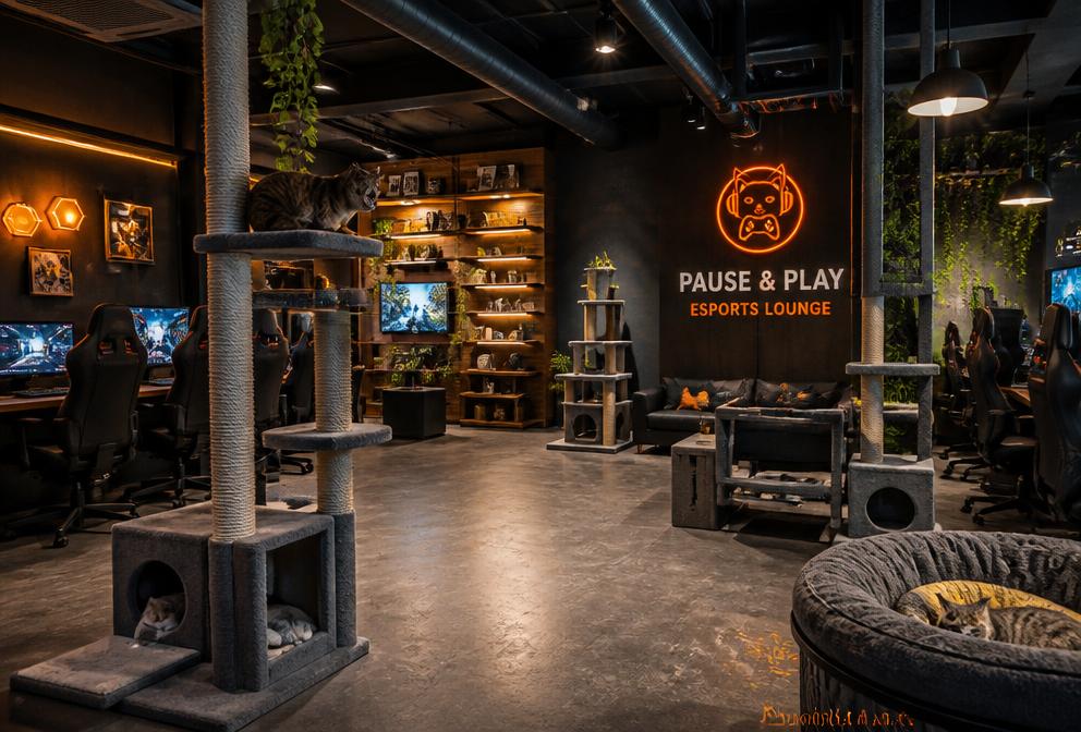 Esports lounge with cozy cat trees and adoptable cats