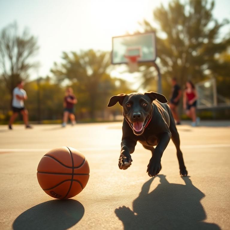 Black labrador chasing a basketball on an outdoor court