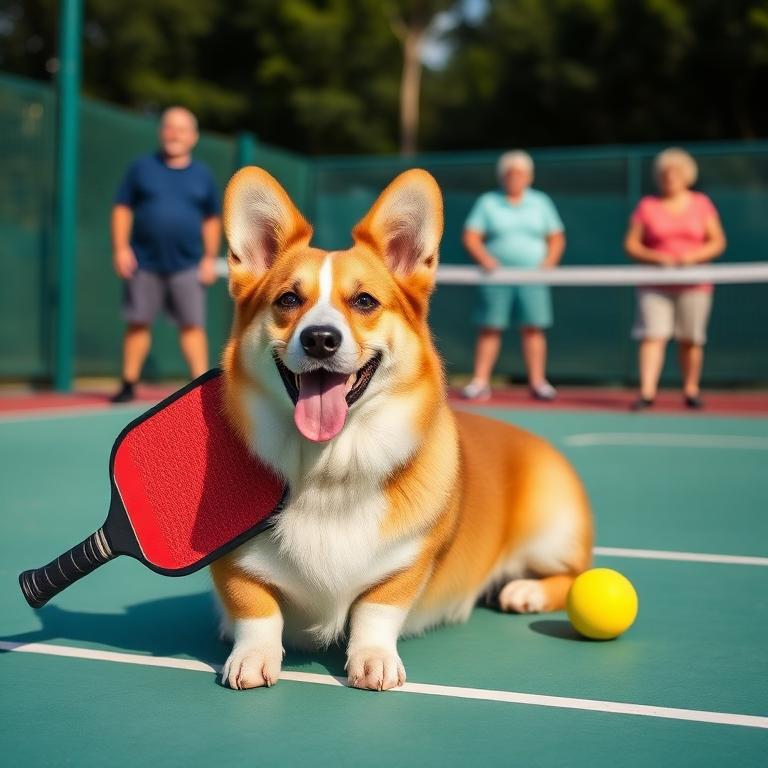 Corgi resting beside a pickleball paddle on a teal court