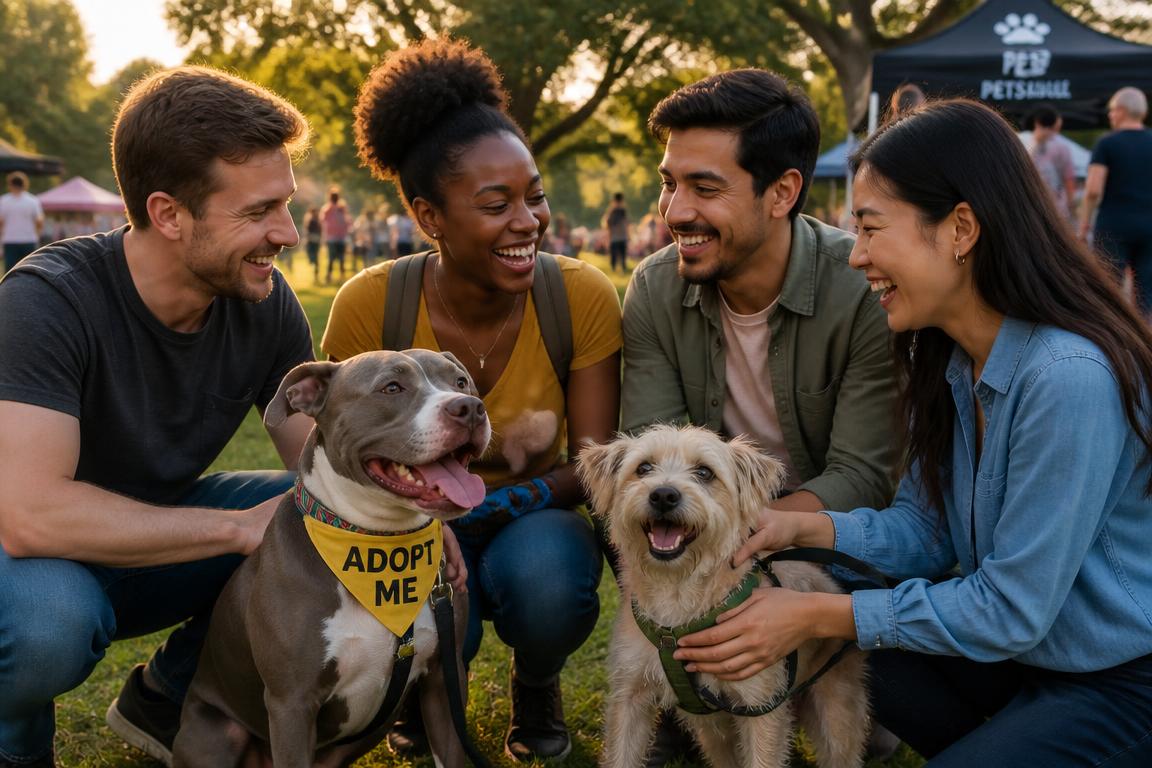 White, Black, Hispanic and Asian friends laughing together in a park with a grey pit bull mix and a terrier mix