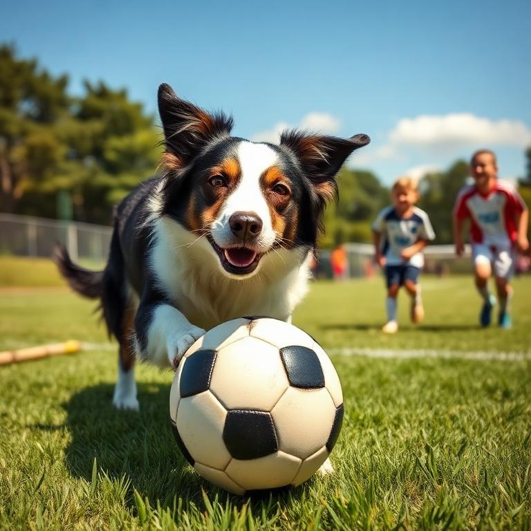 Border collie with a soccer ball as kids play behind