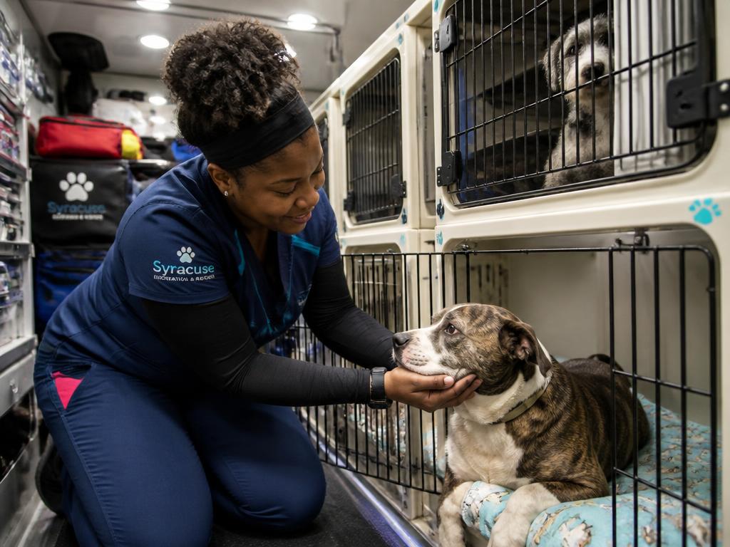 Rescue handler tending to a brindle pit bull mix inside a modern animal transport van