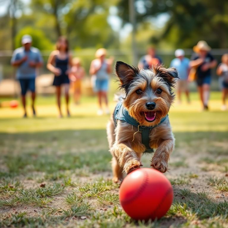 Rescue terrier running toward a red kickball at a park game