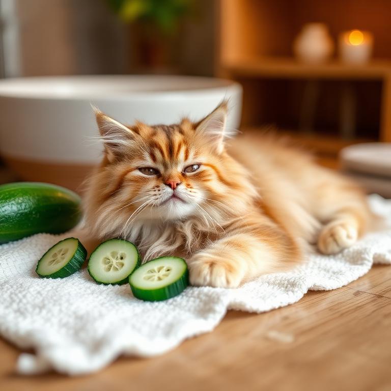 Fluffy cat relaxing on a spa towel with cucumber slices